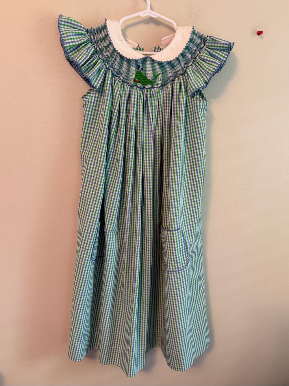 Shrimp and Grits Kids Green and Blue Gingham Smocked Whale Dress